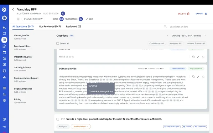 A Tribble Respond project: drafted answers with the source cited beside each one